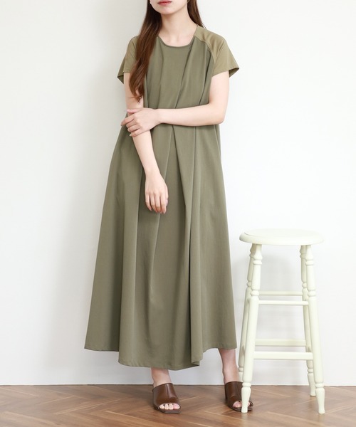 EGLANTINE(エグランティーヌ)の「EGLANTINE 異素材切り替えラグランワンピース 半袖(ワンピース・レディース・サンドベージュ/カーキ/ブラック・38)」の13枚目の写真