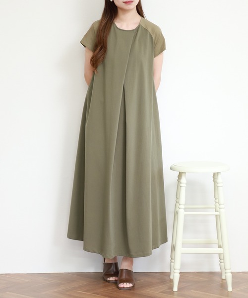 EGLANTINE(エグランティーヌ)の「EGLANTINE 異素材切り替えラグランワンピース 半袖(ワンピース・レディース・サンドベージュ/カーキ/ブラック・38)」の14枚目の写真