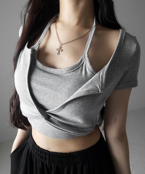 me+em select(ミームセレクト)の「【 3color 】ホルターネックレイヤードショートぴちTシャツ / halter neck layered short pichi T-shirts(Tシャツ/カットソー・レディース・ブラック/ホワイト/グレー・FREE)」の1枚目の写真