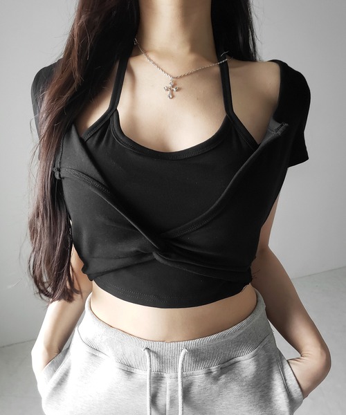 me+em select(ミームセレクト)の「【 3color 】ホルターネックレイヤードショートぴちTシャツ / halter neck layered short pichi T-shirts(Tシャツ/カットソー・レディース・ブラック/ホワイト/グレー・FREE)」の7枚目の写真