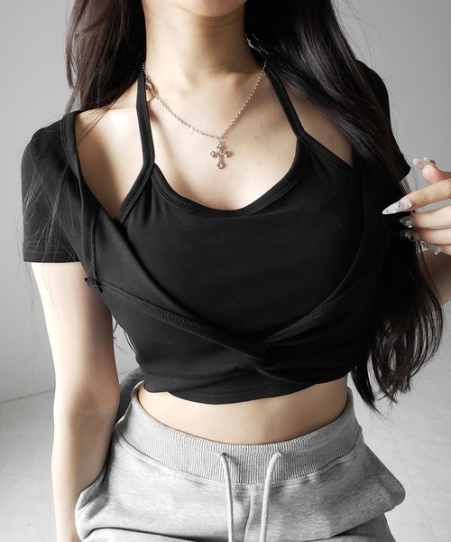 me+em select(ミームセレクト)の「【 3color 】ホルターネックレイヤードショートぴちTシャツ / halter neck layered short pichi T-shirts(Tシャツ/カットソー・レディース・ブラック/ホワイト/グレー・FREE)」の8枚目の写真