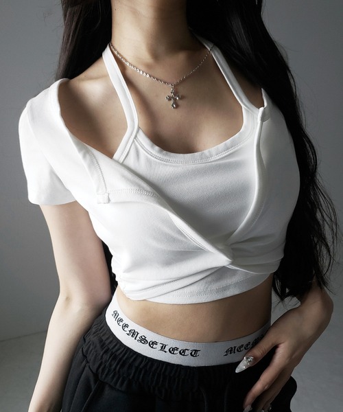 me+em select(ミームセレクト)の「【 3color 】ホルターネックレイヤードショートぴちTシャツ / halter neck layered short pichi T-shirts(Tシャツ/カットソー・レディース・ブラック/ホワイト/グレー・FREE)」の16枚目の写真