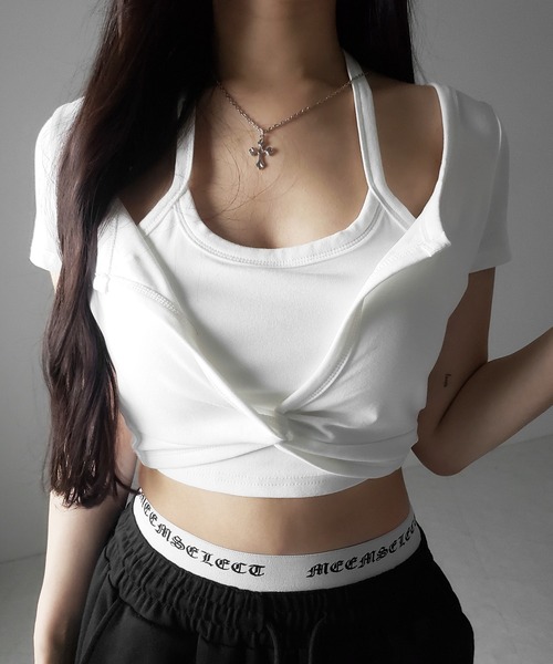 me+em select(ミームセレクト)の「【 3color 】ホルターネックレイヤードショートぴちTシャツ / halter neck layered short pichi T-shirts(Tシャツ/カットソー・レディース・ブラック/ホワイト/グレー・FREE)」の18枚目の写真