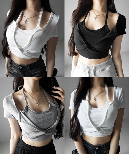 me+em select(ミームセレクト)の「【 3color 】ホルターネックレイヤードショートぴちTシャツ / halter neck layered short pichi T-shirts(Tシャツ/カットソー・レディース・ブラック/ホワイト/グレー・FREE)」の5枚目の写真