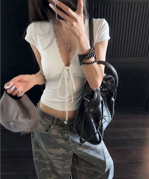 MASHIRO（マシロ）の「【MASHIRO】リボンレースフレンチスリーブカットソー 半袖(MA/EK161)（Tシャツ/カットソー・レディース・ホワイト/ブラック・FREE）」の13枚目の写真