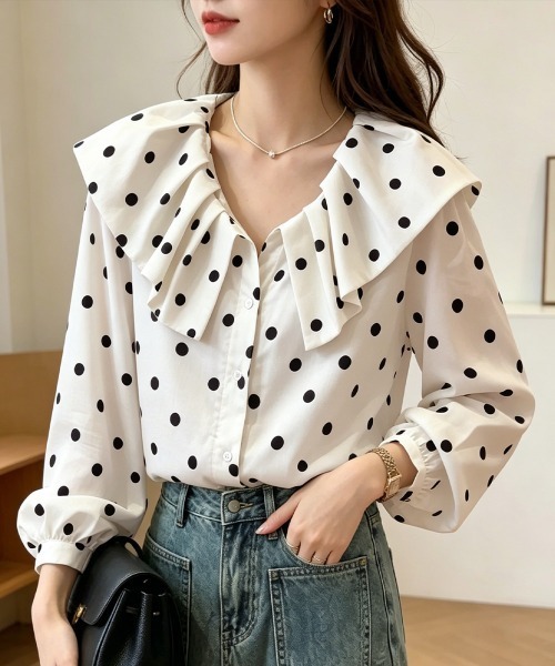 Miniministore(ミニミニストア)の「ドット柄シャツブラウスビッグカラー春夏秋(シャツ/ブラウス・レディース・アイボリー・L/M)」の1枚目の写真