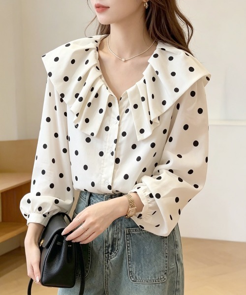Miniministore(ミニミニストア)の「ドット柄シャツブラウスビッグカラー春夏秋(シャツ/ブラウス・レディース・アイボリー・L/M)」の13枚目の写真