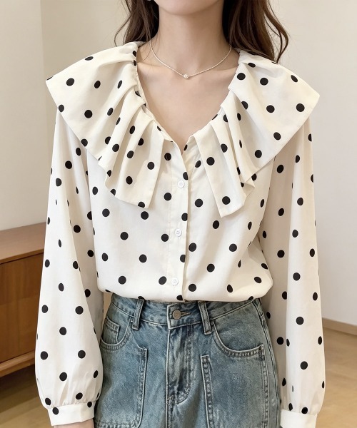 Miniministore(ミニミニストア)の「ドット柄シャツブラウスビッグカラー春夏秋(シャツ/ブラウス・レディース・アイボリー・L/M)」の14枚目の写真
