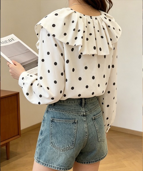 Miniministore(ミニミニストア)の「ドット柄シャツブラウスビッグカラー春夏秋(シャツ/ブラウス・レディース・アイボリー・L/M)」の15枚目の写真