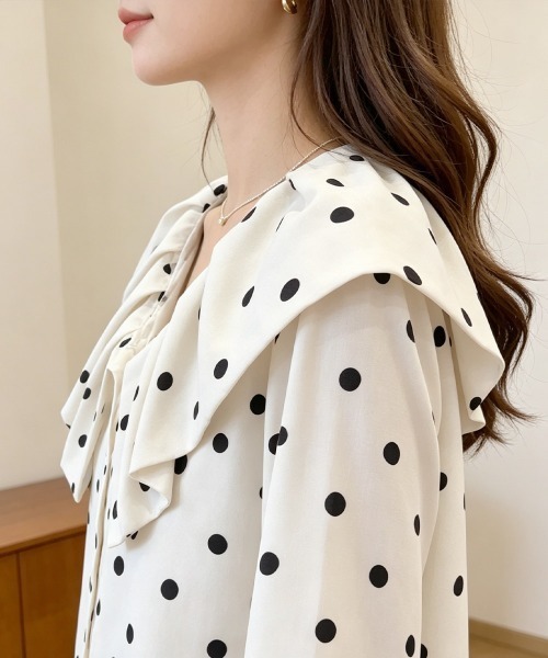 Miniministore(ミニミニストア)の「ドット柄シャツブラウスビッグカラー春夏秋(シャツ/ブラウス・レディース・アイボリー・L/M)」の7枚目の写真