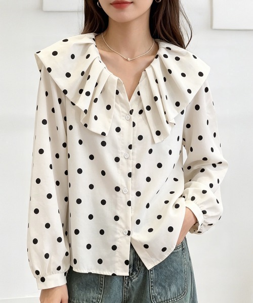 Miniministore(ミニミニストア)の「ドット柄シャツブラウスビッグカラー春夏秋(シャツ/ブラウス・レディース・アイボリー・L/M)」の8枚目の写真