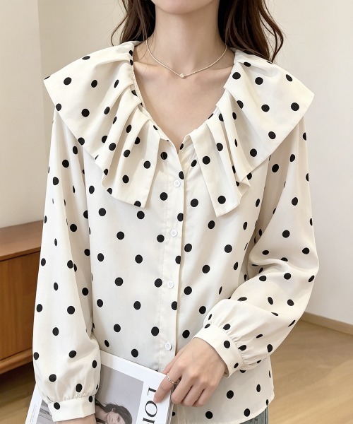 Miniministore(ミニミニストア)の「ドット柄シャツブラウスビッグカラー春夏秋(シャツ/ブラウス・レディース・アイボリー・L/M)」の9枚目の写真