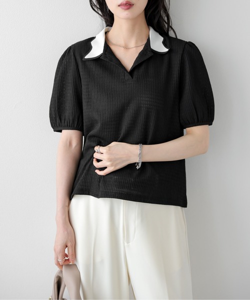 AMELY(エミリー)の「クラシカルサマーニットトップス(ニット/セーター・レディース・ブラック/アイボリー・フリー)」の2枚目の写真