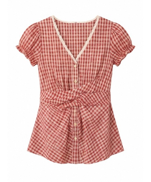 LUCPY(ラクピー)の「ギンガムチェックツイストブラウス(シャツ/ブラウス・レディース・レッド・LARGE/MEDIUM/SMALL/X-LARGE)」の2枚目の写真