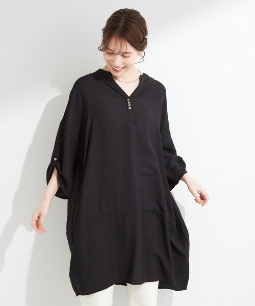 SHOO・LA・RUE(シューラルー)の「【S-LL/洗濯後しわになりにくい】ゆるっと体型カバー 7分袖コクーンチュニック(ワンピース・レディース・ブラウン系その他/ブルー/イエロー系その他/ブラック・04/01/02/03)」の5枚目の写真