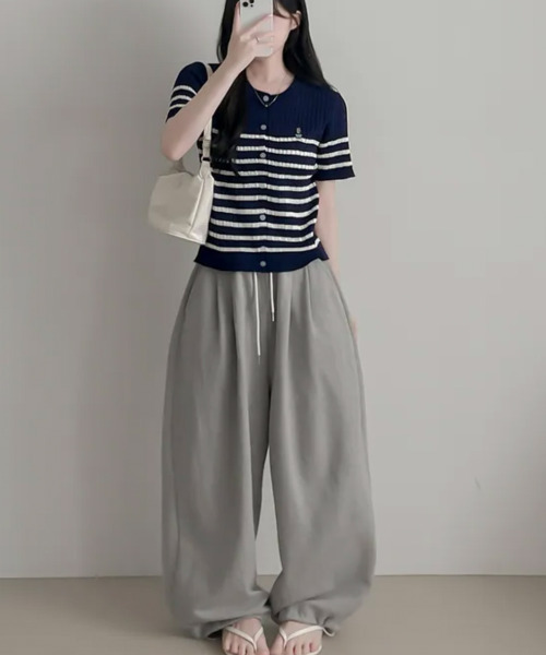 VIVID LADY(ビビッドレディー)の「ベア刺繍 ボーダー ケーブル編み 半袖ニットカーディガン(ニット/セーター・レディース・ネイビー/アイボリー・FREE)」の12枚目の写真