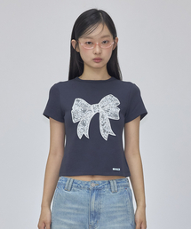 LACE RIBBON STRETCH SLIM FIT T SHIRT NAVY