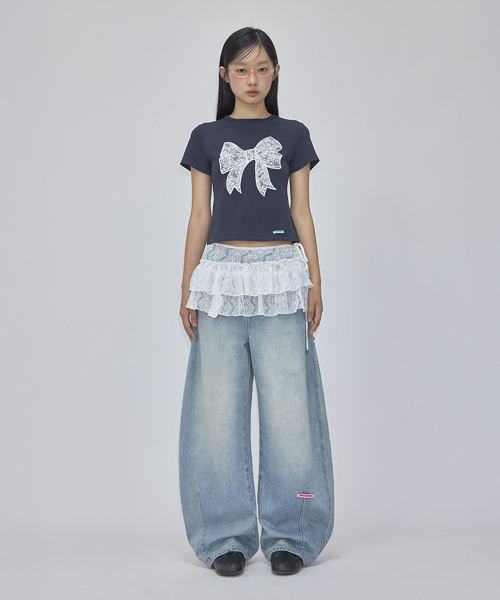 RONRON（ロンロン）の「LACE RIBBON STRETCH SLIM FIT T SHIRT NAVY（Tシャツ/カットソー・レディース・その他・FREE）」の2枚目の写真