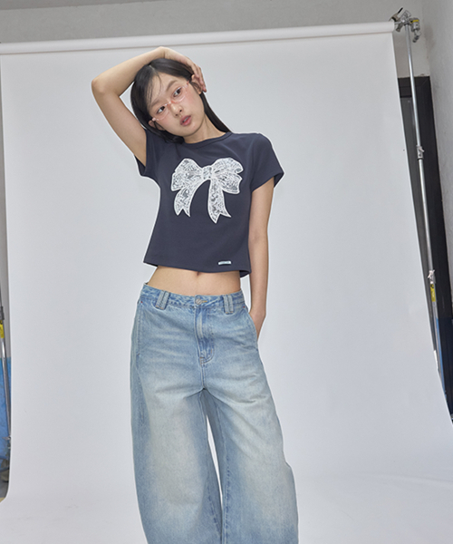 RONRON（ロンロン）の「LACE RIBBON STRETCH SLIM FIT T SHIRT NAVY（Tシャツ/カットソー・レディース・その他・FREE）」の4枚目の写真