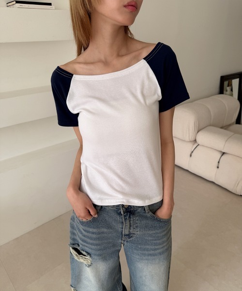 4INT.(フォイント)の「配色 ラグラン 半袖 Tシャツ(Tシャツ/カットソー・レディース・イエロー/ライトブルー/ホワイト・FREE)」の1枚目の写真
