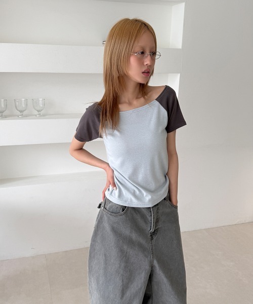 4INT.(フォイント)の「配色 ラグラン 半袖 Tシャツ(Tシャツ/カットソー・レディース・イエロー/ライトブルー/ホワイト・FREE)」の9枚目の写真