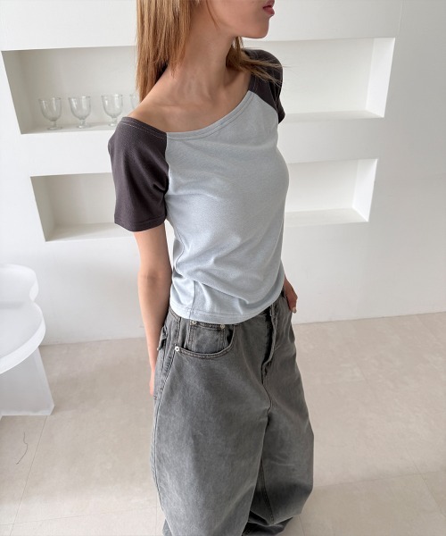 4INT.(フォイント)の「配色 ラグラン 半袖 Tシャツ(Tシャツ/カットソー・レディース・イエロー/ライトブルー/ホワイト・FREE)」の12枚目の写真
