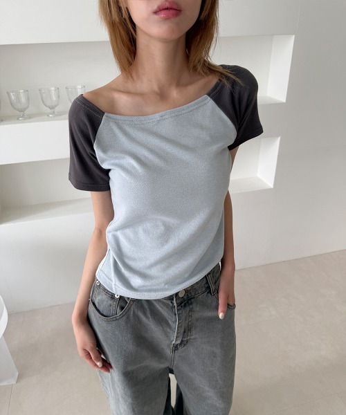 4INT.(フォイント)の「配色 ラグラン 半袖 Tシャツ(Tシャツ/カットソー・レディース・イエロー/ライトブルー/ホワイト・FREE)」の13枚目の写真