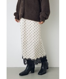 【身長/骨格別着用画像あり】ドット裾レースサテンナロースカート 秋服　春服　トレンド　ドット柄　ロングスカート【セットアップ対応】