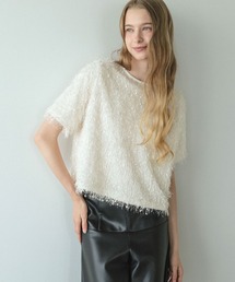 【ふわふわフェザー素材が華やかな印象】トゥインクル トップス カットソー 半袖 フェザー Tシャツ シャギー ファー フリンジ ストレッチ 体型カバー 着痩せ