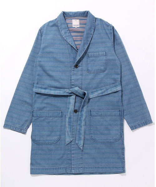 SEVENDAYS=SUNDAY（セブンデイズサンデイ）の「インディゴボーダー　ガウンコート（ステンカラーコート・メンズ・インディゴブルー/ライトインディゴブルー・LARGE/SMALL/MEDIUM）」の2枚目の写真