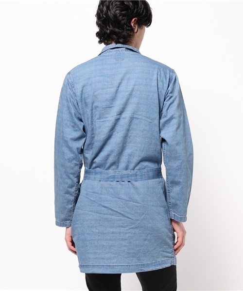 SEVENDAYS=SUNDAY（セブンデイズサンデイ）の「インディゴボーダー　ガウンコート（ステンカラーコート・メンズ・インディゴブルー/ライトインディゴブルー・LARGE/SMALL/MEDIUM）」の4枚目の写真