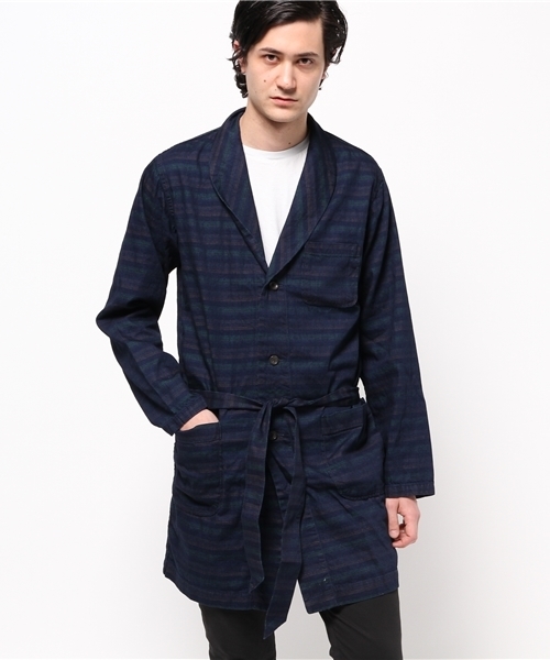 SEVENDAYS=SUNDAY（セブンデイズサンデイ）の「インディゴボーダー　ガウンコート（ステンカラーコート・メンズ・インディゴブルー/ライトインディゴブルー・LARGE/SMALL/MEDIUM）」の7枚目の写真