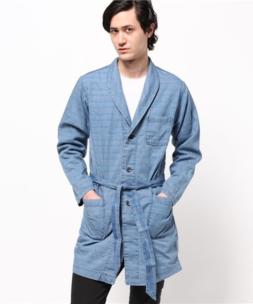 SEVENDAYS=SUNDAY（セブンデイズサンデイ）の「インディゴボーダー　ガウンコート（ステンカラーコート・メンズ・インディゴブルー/ライトインディゴブルー・LARGE/SMALL/MEDIUM）」の8枚目の写真