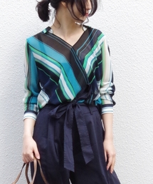 ランダムシフォンストライプカシュクール風長袖シャツ