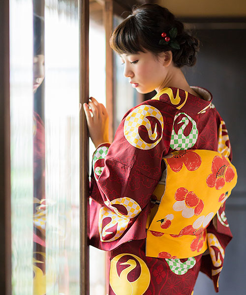 Kimonomachi キモノマチ の 完売販売終了 京袋帯 袷着物セット 着物 エンジ 鶴 帯 からし 梅の花 着物 Wear