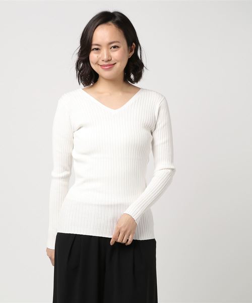 PEGGY LANA(ペギーラナ)の「Vneck Rib 2way CD(ニット/セーター・レディース・イエロー/ネイビー/ホワイト・FREE)」の1枚目の写真