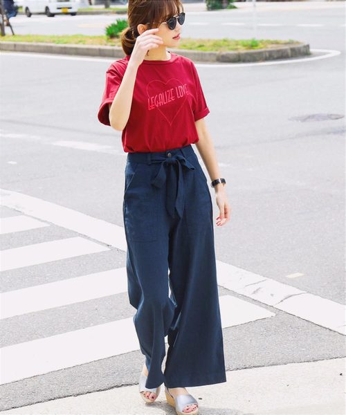 Fashion Letter（ファッションレター）の「リネン&デニム ウエストリボン付きワイドパンツ（デニムパンツ・レディース・ベージュ/グレイッシュベージュ/カーキ/ネイビー/オフホワイト/サックスブルー/インディゴブルー/ブラック/キナリ/モスグリーン・L/M/LL/S）」の8枚目の写真