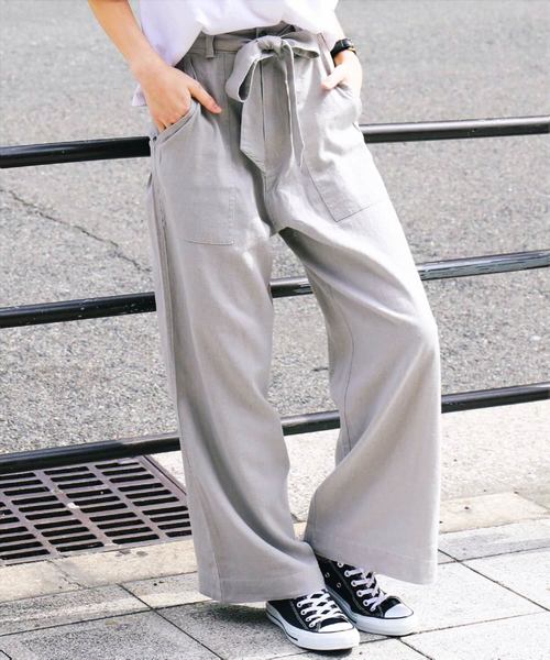 Fashion Letter（ファッションレター）の「リネン&デニム ウエストリボン付きワイドパンツ（デニムパンツ・レディース・ベージュ/グレイッシュベージュ/カーキ/ネイビー/オフホワイト/サックスブルー/インディゴブルー/ブラック/キナリ/モスグリーン・L/M/LL/S）」の5枚目の写真