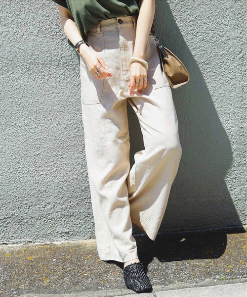 Fashion Letter（ファッションレター）の「リネン&デニム ウエストリボン付きワイドパンツ（デニムパンツ・レディース・ベージュ/グレイッシュベージュ/カーキ/ネイビー/オフホワイト/サックスブルー/インディゴブルー/ブラック/キナリ/モスグリーン・L/M/LL/S）」の3枚目の写真