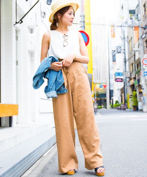 Fashion Letter（ファッションレター）の「リネン&デニム ウエストリボン付きワイドパンツ（デニムパンツ・レディース・ベージュ/グレイッシュベージュ/カーキ/ネイビー/オフホワイト/サックスブルー/インディゴブルー/ブラック/キナリ/モスグリーン・L/M/LL/S）」の22枚目の写真