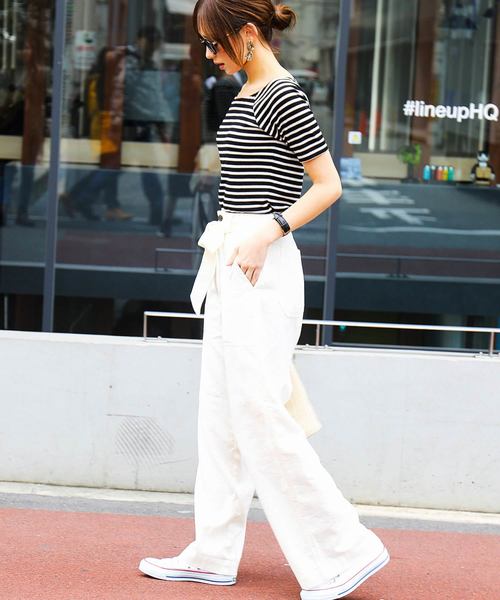 Fashion Letter（ファッションレター）の「リネン&デニム ウエストリボン付きワイドパンツ（デニムパンツ・レディース・ベージュ/グレイッシュベージュ/カーキ/ネイビー/オフホワイト/サックスブルー/インディゴブルー/ブラック/キナリ/モスグリーン・L/M/LL/S）」の15枚目の写真