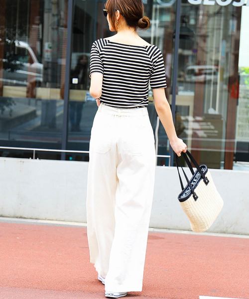 Fashion Letter（ファッションレター）の「リネン&デニム ウエストリボン付きワイドパンツ（デニムパンツ・レディース・ベージュ/グレイッシュベージュ/カーキ/ネイビー/オフホワイト/サックスブルー/インディゴブルー/ブラック/キナリ/モスグリーン・L/M/LL/S）」の16枚目の写真