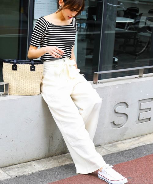 Fashion Letter（ファッションレター）の「リネン&デニム ウエストリボン付きワイドパンツ（デニムパンツ・レディース・ベージュ/グレイッシュベージュ/カーキ/ネイビー/オフホワイト/サックスブルー/インディゴブルー/ブラック/キナリ/モスグリーン・L/M/LL/S）」の17枚目の写真