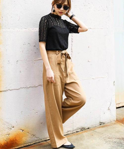 Fashion Letter（ファッションレター）の「リネン&デニム ウエストリボン付きワイドパンツ（デニムパンツ・レディース・ベージュ/グレイッシュベージュ/カーキ/ネイビー/オフホワイト/サックスブルー/インディゴブルー/ブラック/キナリ/モスグリーン・L/M/LL/S）」の18枚目の写真