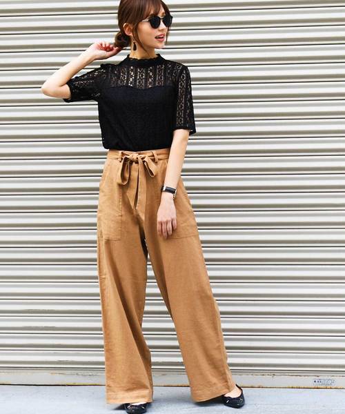 Fashion Letter（ファッションレター）の「リネン&デニム ウエストリボン付きワイドパンツ（デニムパンツ・レディース・ベージュ/グレイッシュベージュ/カーキ/ネイビー/オフホワイト/サックスブルー/インディゴブルー/ブラック/キナリ/モスグリーン・L/M/LL/S）」の19枚目の写真