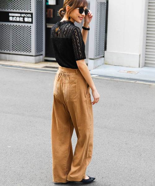 Fashion Letter（ファッションレター）の「リネン&デニム ウエストリボン付きワイドパンツ（デニムパンツ・レディース・ベージュ/グレイッシュベージュ/カーキ/ネイビー/オフホワイト/サックスブルー/インディゴブルー/ブラック/キナリ/モスグリーン・L/M/LL/S）」の20枚目の写真