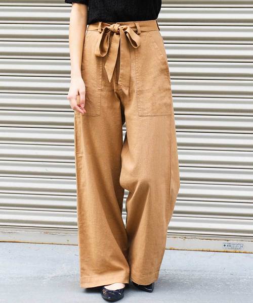 Fashion Letter（ファッションレター）の「リネン&デニム ウエストリボン付きワイドパンツ（デニムパンツ・レディース・ベージュ/グレイッシュベージュ/カーキ/ネイビー/オフホワイト/サックスブルー/インディゴブルー/ブラック/キナリ/モスグリーン・L/M/LL/S）」の21枚目の写真