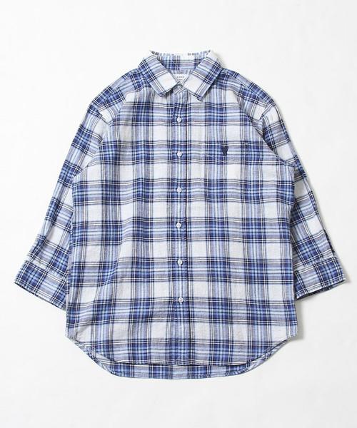 coen（コーエン）の「綿麻チェック七分袖レギュラーカラーシャツ（シャツ/ブラウス・メンズ・ライトブルー/ネイビー・X-LARGE/LARGE/MEDIUM/SMALL）」の4枚目の写真