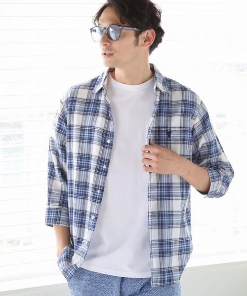 coen（コーエン）の「綿麻チェック七分袖レギュラーカラーシャツ（シャツ/ブラウス・メンズ・ライトブルー/ネイビー・X-LARGE/LARGE/MEDIUM/SMALL）」の12枚目の写真