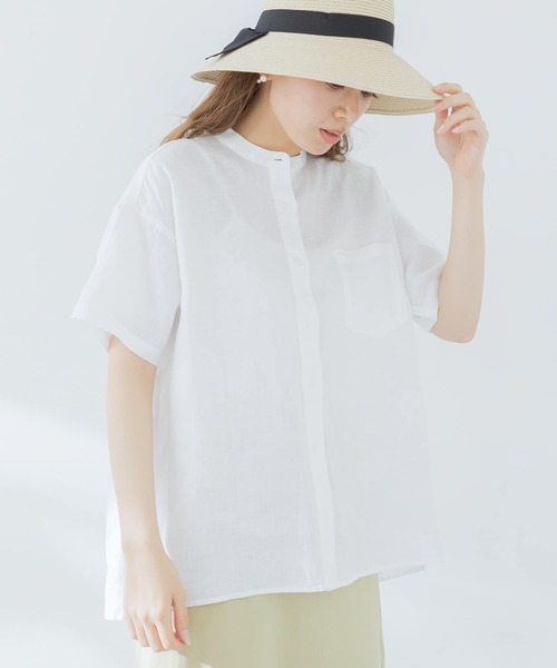 URBAN RESEARCH Sonny Label（アーバンリサーチサニーレーベル）の「リネンバンドカラー半袖シャツ（Tシャツ/カットソー・レディース・ピンク/ホワイト/ネイビー・FREE）」の2枚目の写真